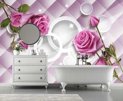 Нежные розы на фоне белых кругов в интерьере ванной