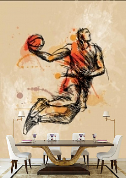 Спортсмен с мячом в интерьере кухни с большим столом