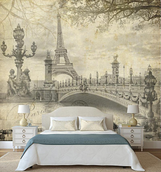 Париж на старой картинке в интерьере спальни