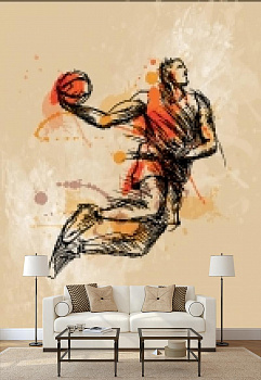 Спортсмен с мячом в интерьере гостиной с диваном