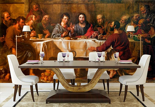 Иисус с апостолами в интерьере кухни с большим столом
