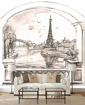 Рисунок Эйфелевой башни в интерьере гостиной с диваном