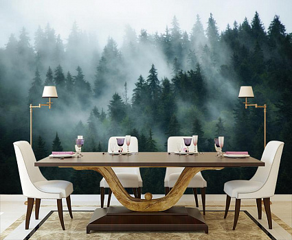 Туманный ельник в интерьере кухни с большим столом