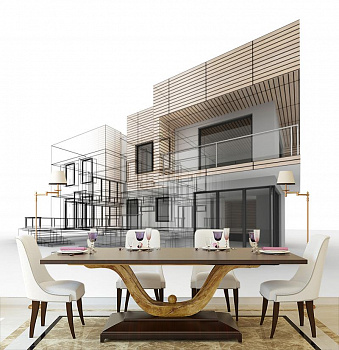 Эскиз современного дома в интерьере кухни с большим столом