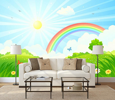 Радужный день в интерьере гостиной с диваном