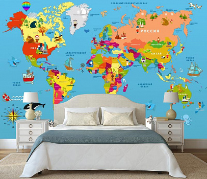 Карта мира по странам в интерьере спальни