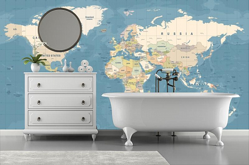 Карта мира на голубом фоне в интерьере ванной