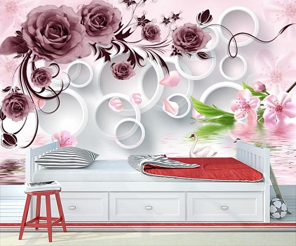 Дизайнерский пруд с лебедями и цветами в интерьере детской комнаты мальчика