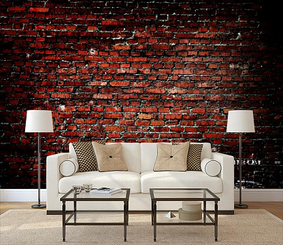 Черно-красная стена из кирпича в интерьере гостиной с диваном