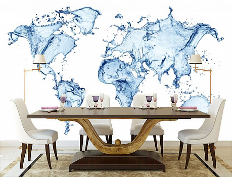 Карта мира из воды в интерьере кухни с большим столом
