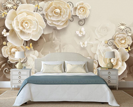 Белые бабочки с цветами  в интерьере спальни