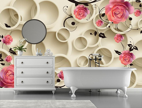 Розы на белых кругах в интерьере ванной