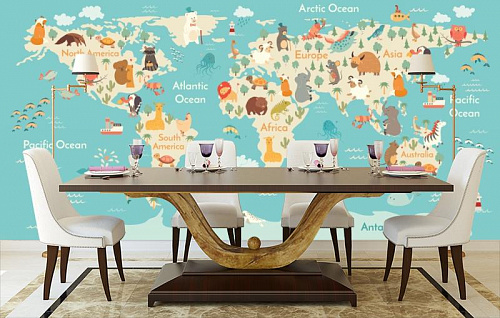 Детская карта мира в интерьере кухни с большим столом