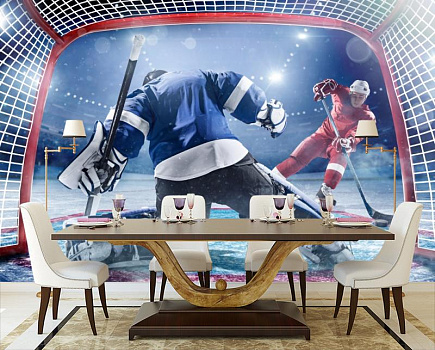 Ворота хоккеиста в интерьере кухни с большим столом