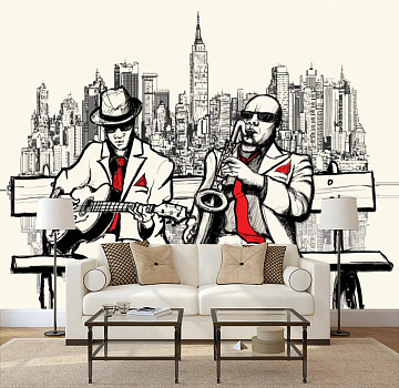 Уличные музыканты в интерьере гостиной с диваном