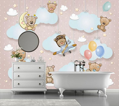 Мишки в облаках в розовых тонах в интерьере ванной