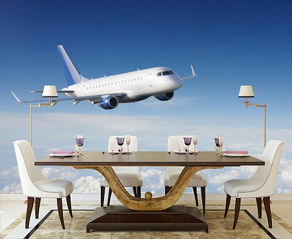Самолет над облаками в интерьере кухни с большим столом