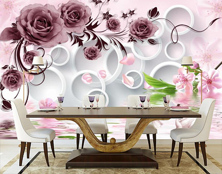 Дизайнерский пруд с лебедями и цветами в интерьере кухни с большим столом