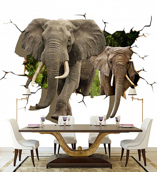 Слоны проламывают и проходят сквозь стену в интерьере кухни с большим столом