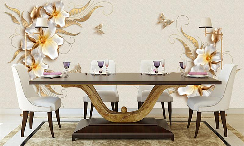 Бабочки с белыми цветами в интерьере кухни с большим столом