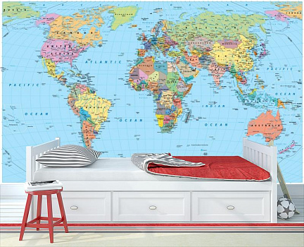 Политическая карта мира в интерьере детской комнаты мальчика