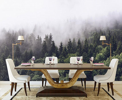 Туман в хвойном лесу в интерьере кухни с большим столом