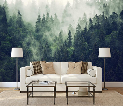 Туманный еловый лес в интерьере гостиной с диваном