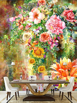 Цветочный водопад  в интерьере кухни с большим столом