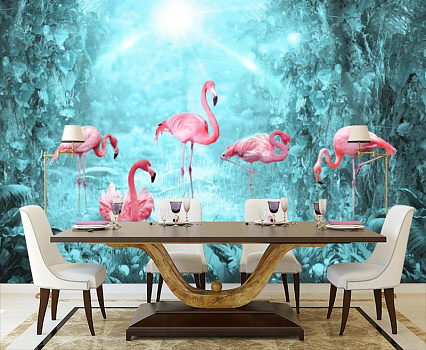 Розовые фламинго  в интерьере кухни с большим столом