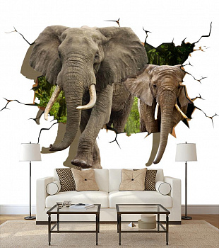 Слоны проламывают и проходят сквозь стену в интерьере гостиной с диваном