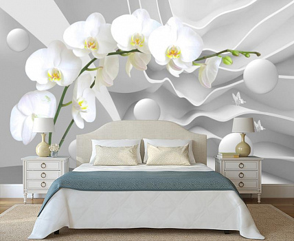 Белая орхидея с шарами в интерьере спальни