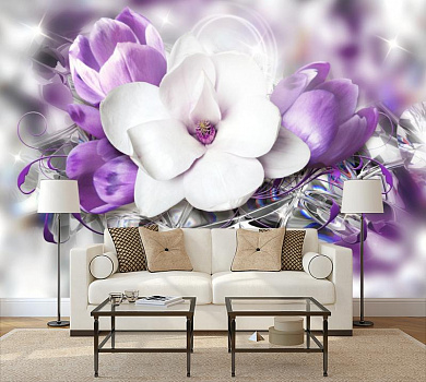 Цветы на зеркалах в интерьере гостиной с диваном