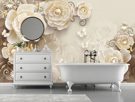 Белые бабочки с цветами  в интерьере ванной