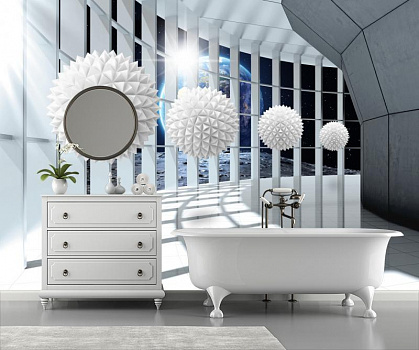 Фантастическая терраса с белыми шарами в космосе в интерьере ванной