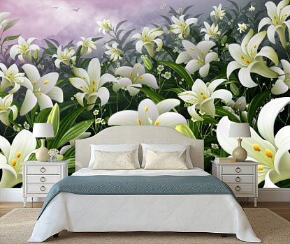 Белые лилии во мгле ночи  в интерьере спальни