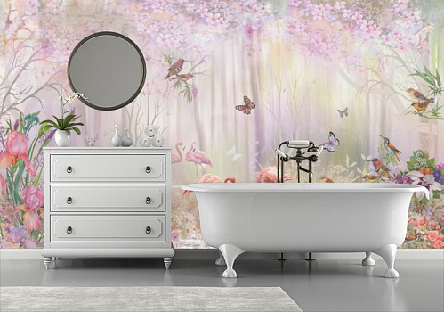 розовые фламинго в лесу в интерьере ванной