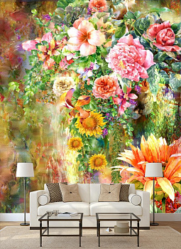 Цветочный водопад  в интерьере гостиной с диваном