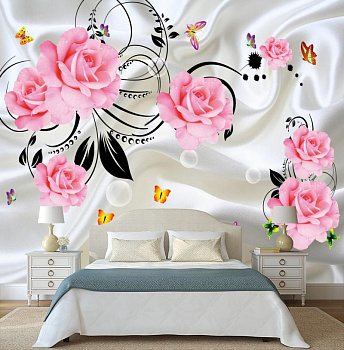 Розы с бабочками на белом шелке в интерьере спальни