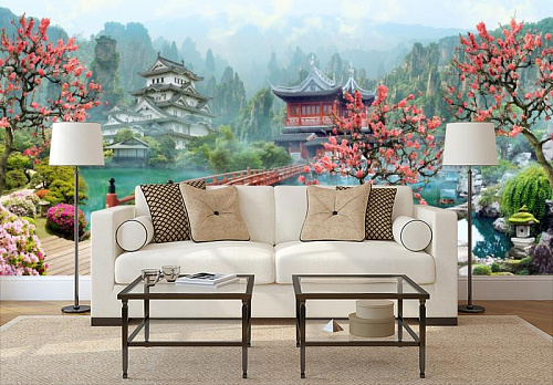 Китайская сказка в интерьере гостиной с диваном