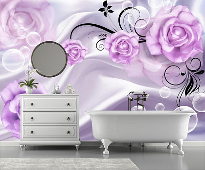 Воздушные пузыри с розами на белом шелке в интерьере ванной