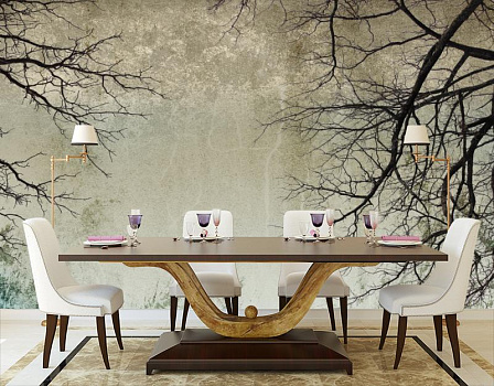 Вечерний лес в интерьере кухни с большим столом