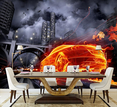 Огненный автомобиль в интерьере кухни с большим столом