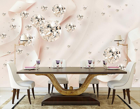 Бриллианты на розовой ткани в интерьере кухни с большим столом