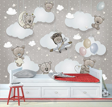 Мишки в облаках в серых тонах в интерьере детской комнаты мальчика