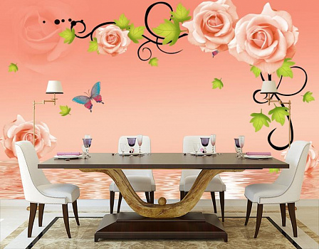Нежные розы в интерьере кухни с большим столом