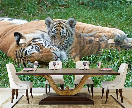 Тигрица с тигренком в интерьере кухни с большим столом