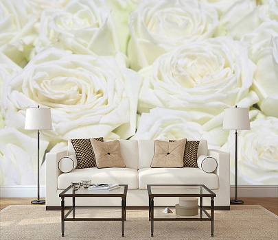 Молочные розы в интерьере гостиной с диваном