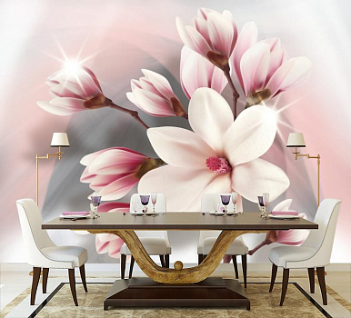 Белые цветы на розово-сером  в интерьере кухни с большим столом