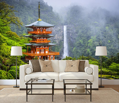 Японский храм в интерьере гостиной с диваном