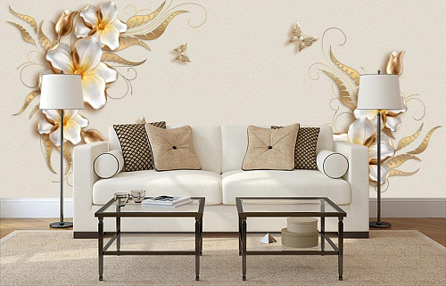 Бабочки с белыми цветами в интерьере гостиной с диваном